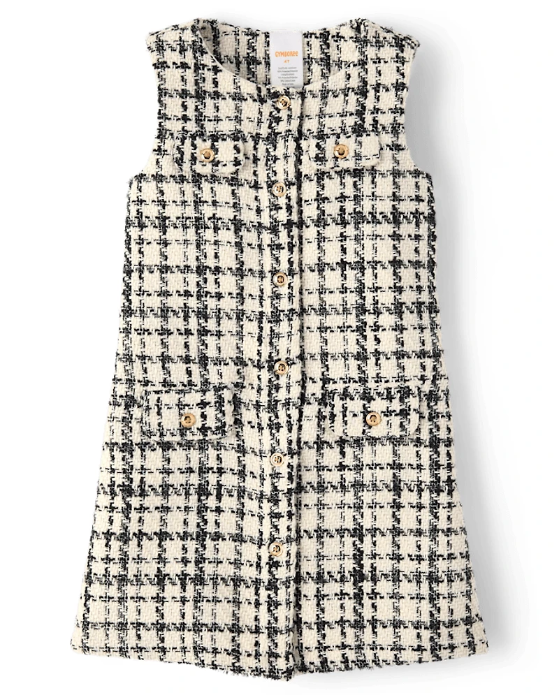 Girls Plaid Button Tweed Shift Dress - Petit Paris