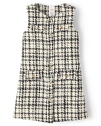 Girls Plaid Button Tweed Shift Dress - Petit Paris