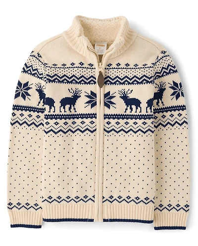 Pull zippé garçon à motif renne Fair Isle - Premières gelées