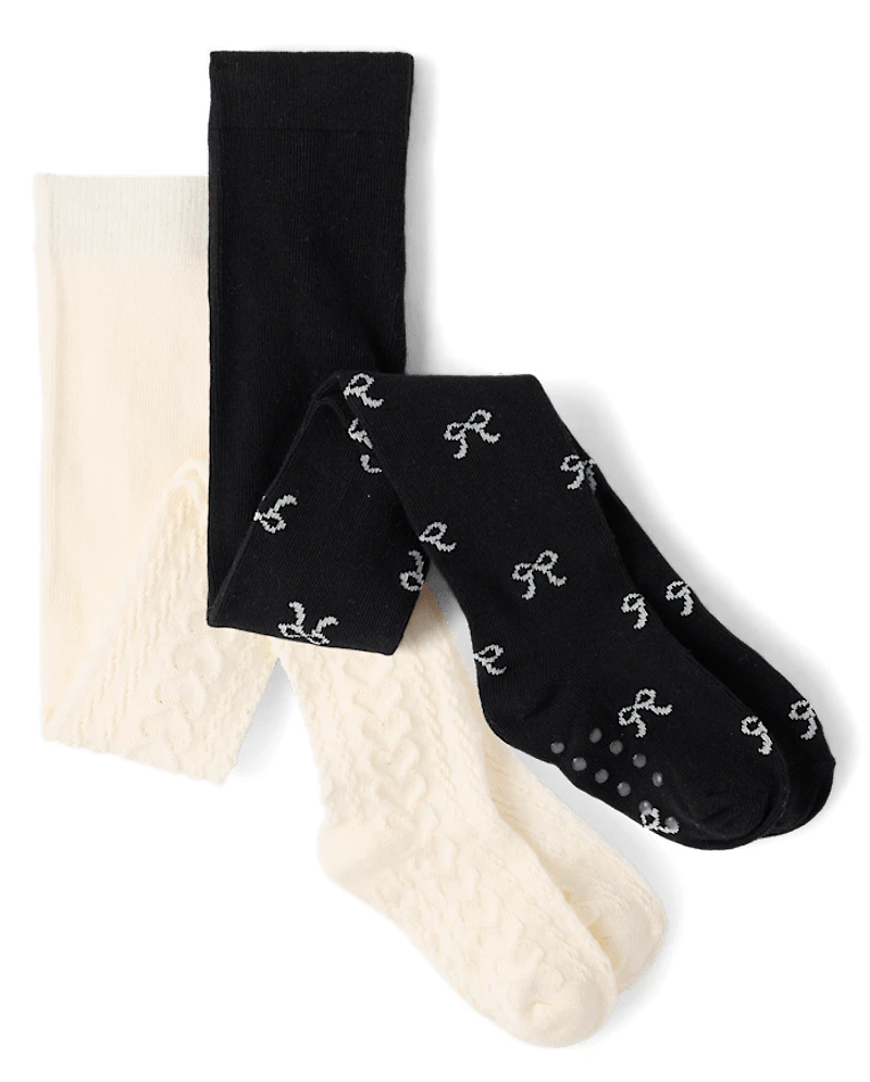 Girls Bow Cable Knit Tights 2-Pack - Petit Paris