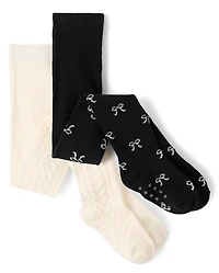 Girls Bow Cable Knit Tights 2-Pack - Petit Paris