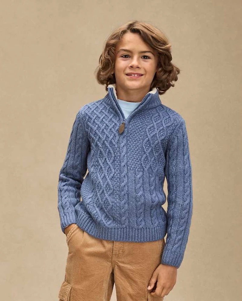 Pull à fermeture éclair quart de zip en maille torsadée patchwork pour garçon