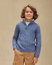 Pull à fermeture éclair quart de zip en maille torsadée patchwork pour garçon