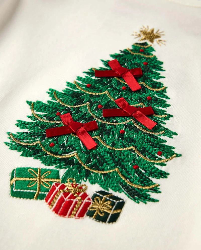 Girls Embroidered Christmas Tree Flutter Top - Royal