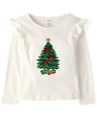 Girls Embroidered Christmas Tree Flutter Top - Royal