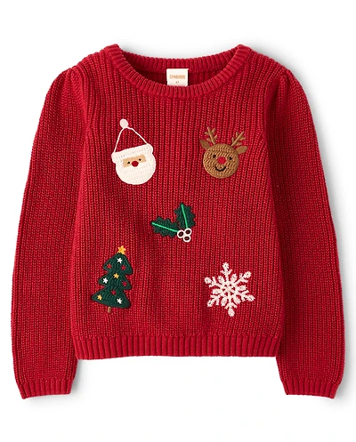 Girls Crochet Holiday Shaker Stitch Sweater - Royal Christmas