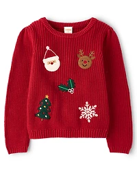 Girls Crochet Holiday Shaker Stitch Sweater - Royal Christmas