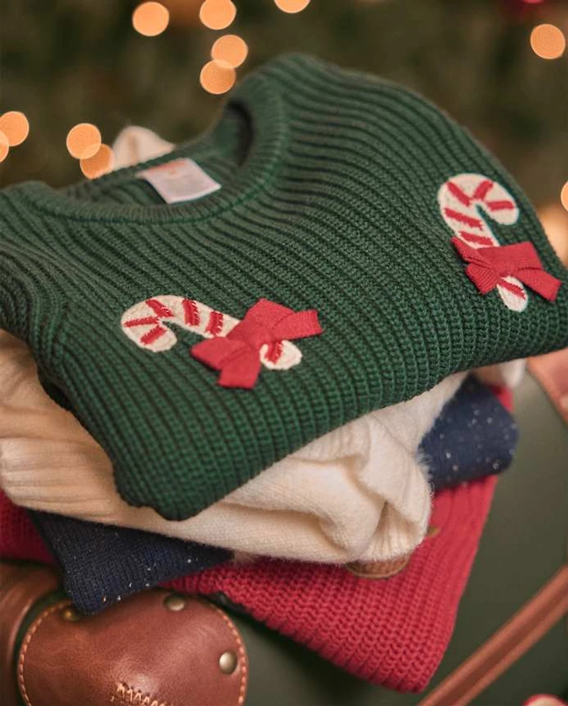 Girls Crochet Candy Cane Shaker Stitch Sweater - Royal Christmas