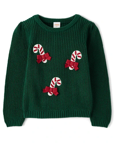 Girls Crochet Candy Cane Shaker Stitch Sweater - Royal Christmas