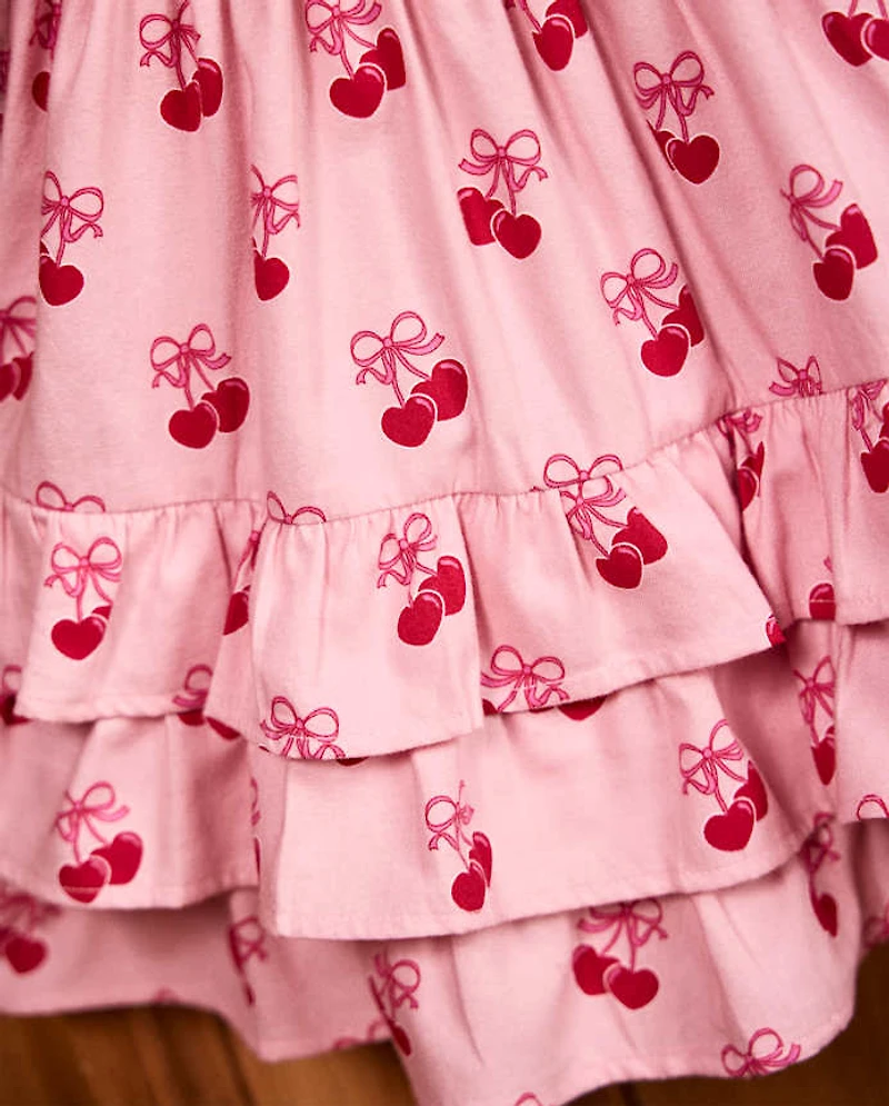 Robe à volants en flanelle motif cœur de cerises pour fille - Mon Cheri