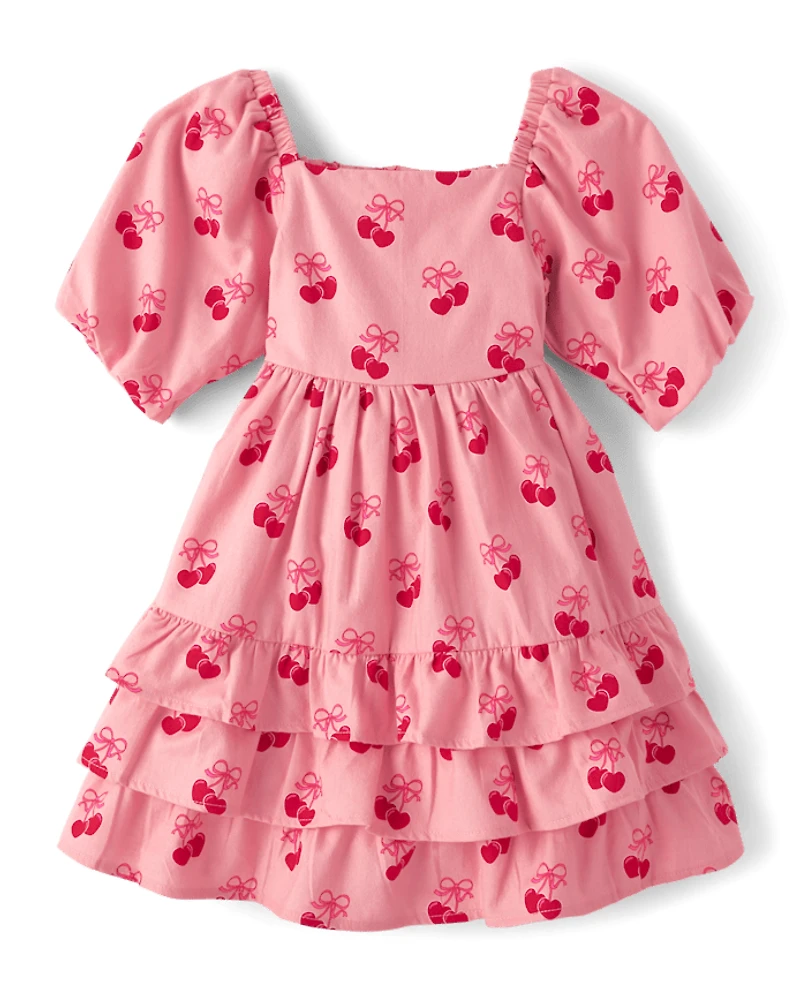Robe à volants en flanelle motif cœur de cerises pour fille - Mon Cheri