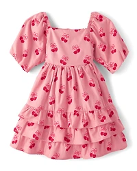 Robe à volants en flanelle motif cœur de cerises pour fille - Mon Cheri