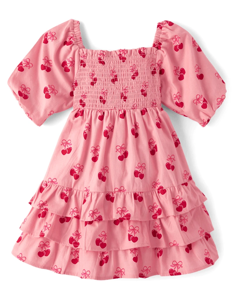 Robe à volants en flanelle motif cœur de cerises pour fille - Mon Cheri