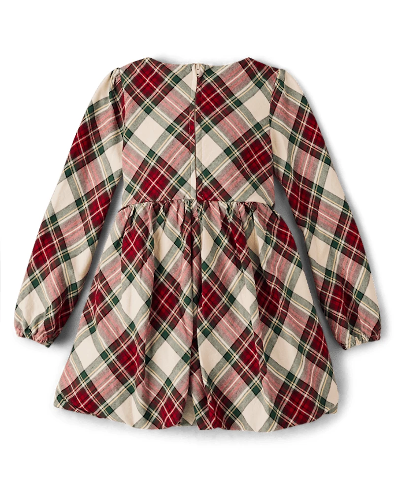 Girls Plaid Bow Flannel Bubble Dress - Royal Christmas