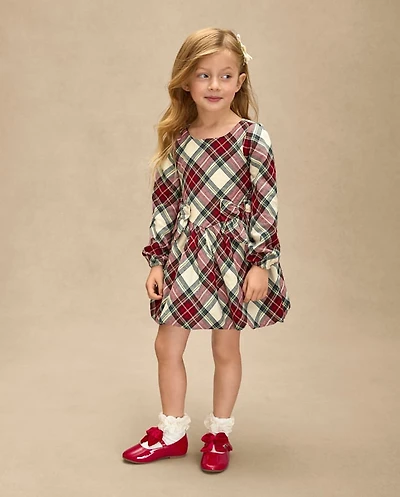 Girls Plaid Bow Flannel Bubble Dress - Royal Christmas