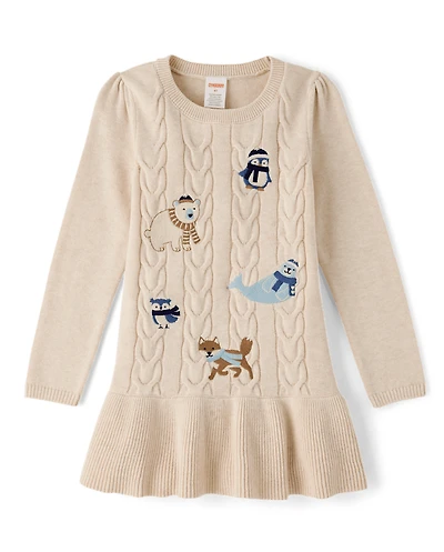 Girls Embroidered Polar Animals Peplum Sweater Dress - First Frost