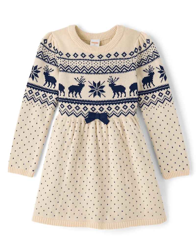 Girls Reindeer Fairisle Sweater Dress - First Frost