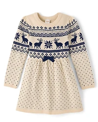Girls Reindeer Fairisle Sweater Dress - First Frost