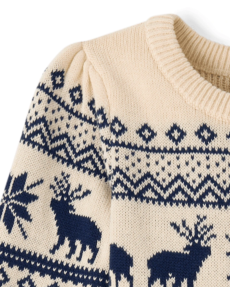 Girls Reindeer Fairisle Sweater Dress - First Frost