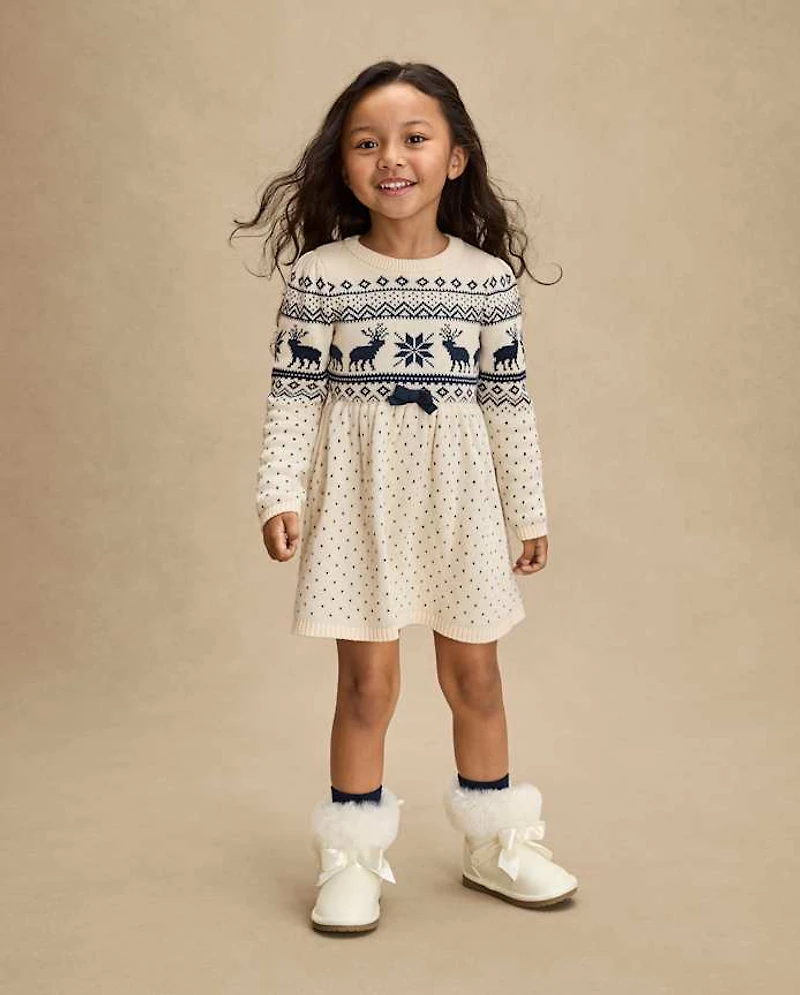 Girls Reindeer Fairisle Sweater Dress - First Frost