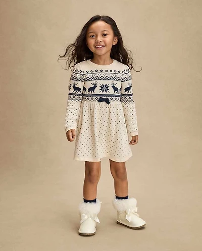 Girls Reindeer Fairisle Sweater Dress - First Frost