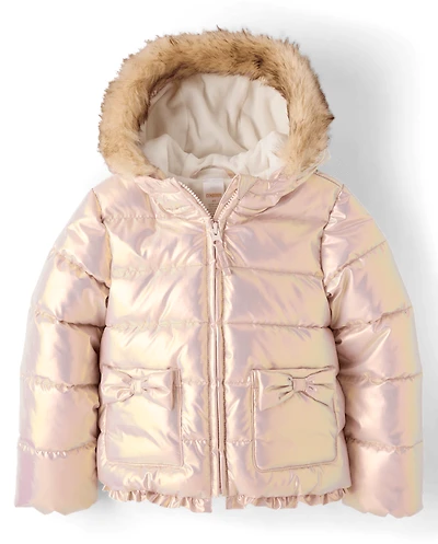 Girls Foil Quilted Ruffle Puffer Jacket - First Frost