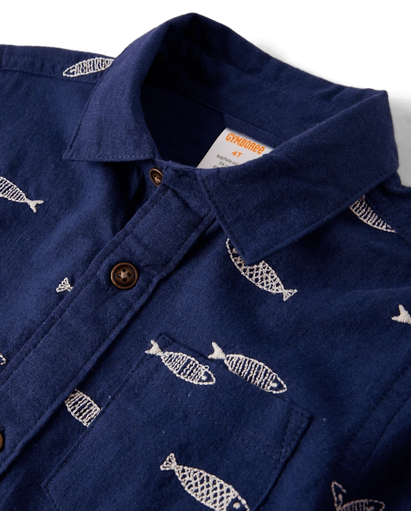 Chemise boutonnée à motif poisson brodé pour garçon - Driftwood Bay