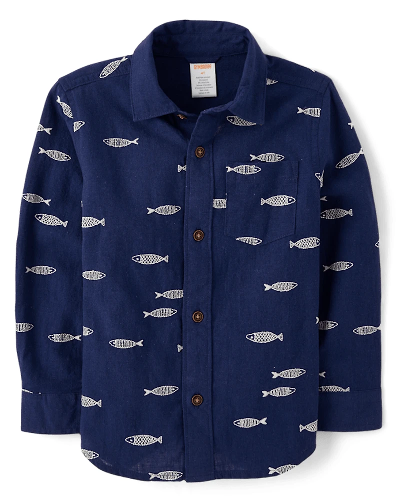 Boys Embroidered Fish Button Up Shirt - Driftwood Bay