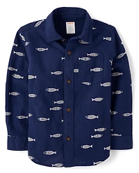 Boys Embroidered Fish Button Up Shirt - Driftwood Bay