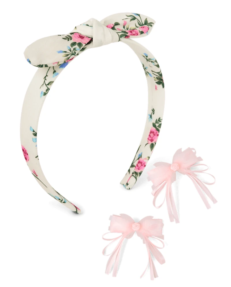 Girls Floral Bow 3-Piece Hair Set - Enchanted Garden