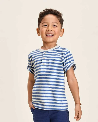 Boys Striped Linen-Blend Henley Top