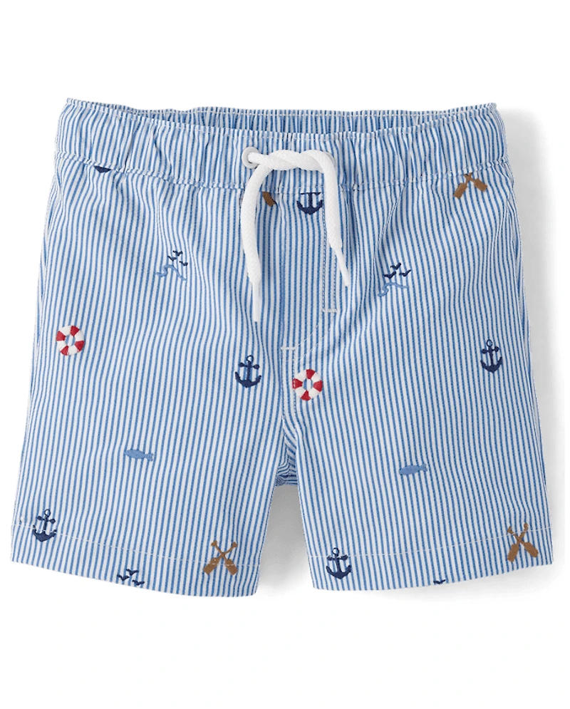 Boys Embroidered Coastal Seersucker Swim Trunks - Shop