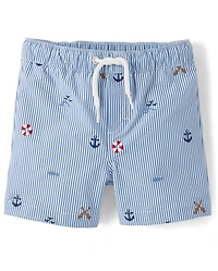 Boys Embroidered Coastal Seersucker Swim Trunks - Shop