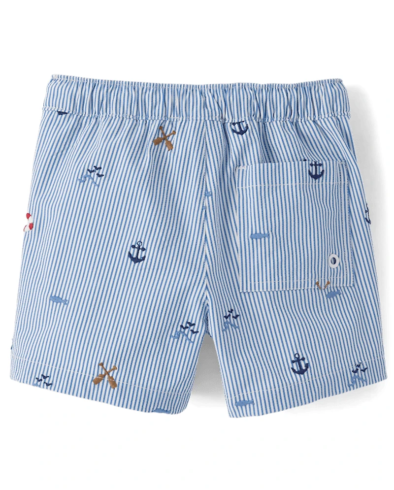 Boys Embroidered Coastal Seersucker Swim Trunks - Shop