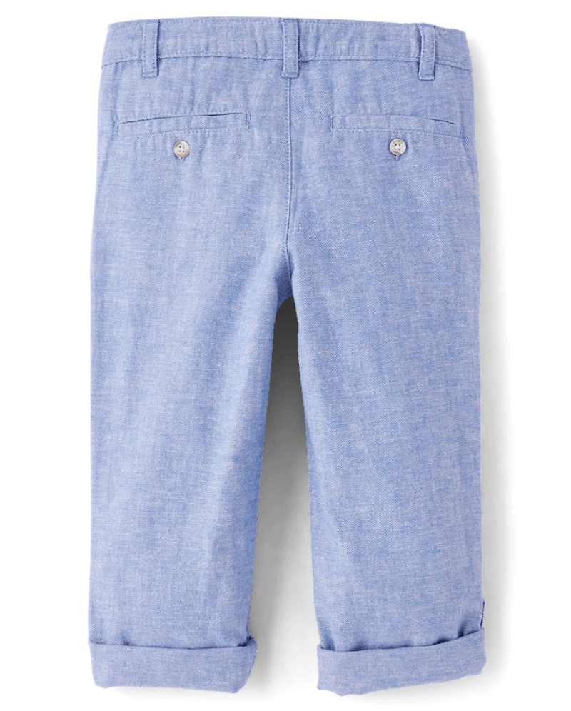 Boys Linen-Blend Roll Cuff Chino Pants