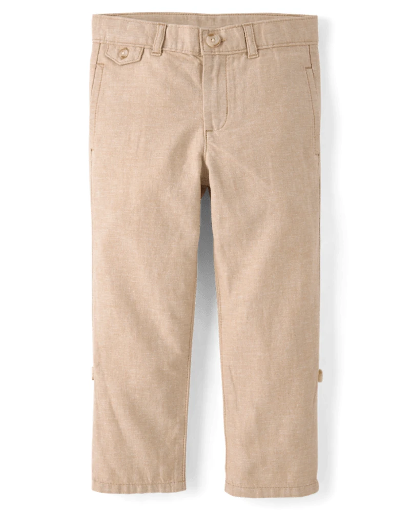 Boys Linen-Blend Roll Cuff Chino Pants