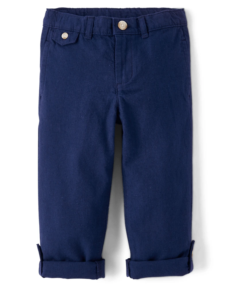 Boys Linen-Blend Roll Cuff Chino Pants