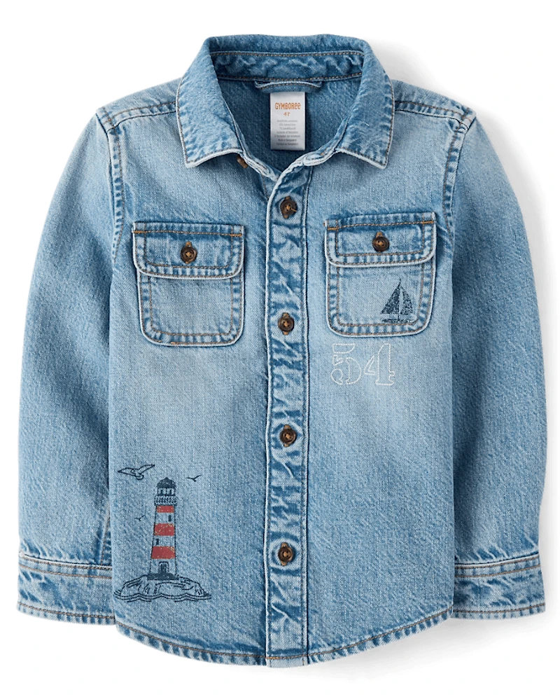 Chemise en jean boutonnée pour garçon avec phare brodé - Driftwood Bay