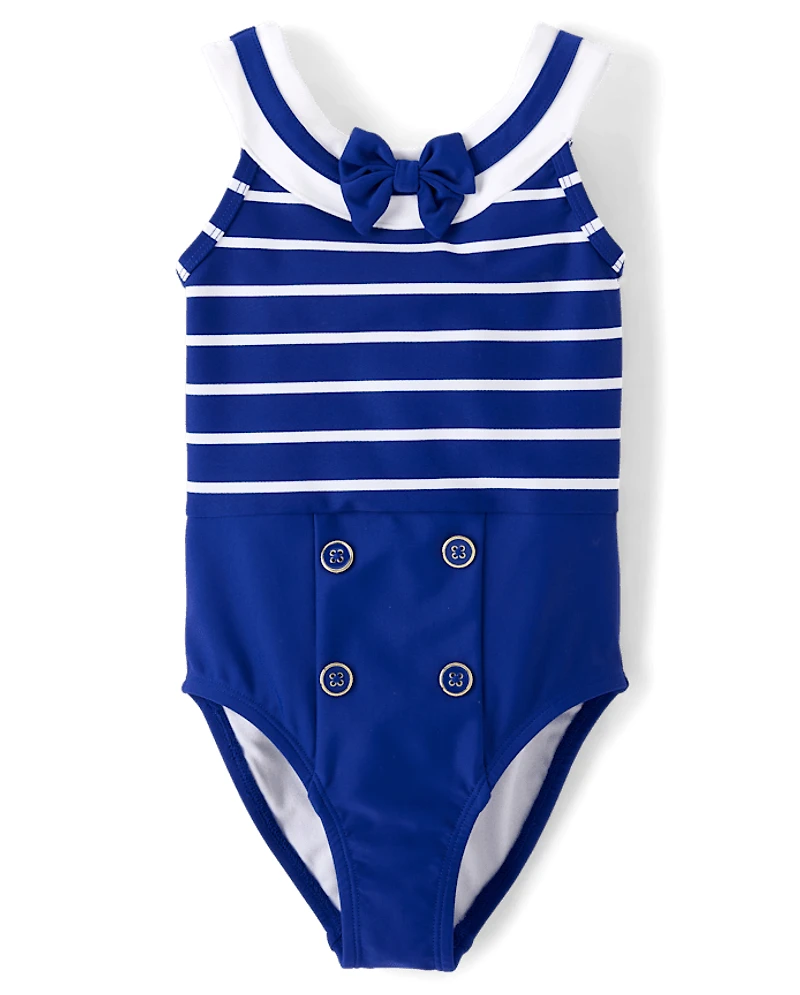 Girls Striped Bow Sailor One Piece Swimsuit - Swim Shop