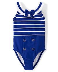 Girls Striped Bow Sailor One Piece Swimsuit - Swim Shop