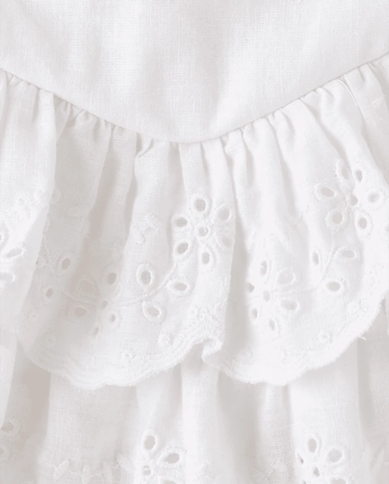 Girls Scalloped Eyelet Linen-Blend Tiered Skort - Linen Edit