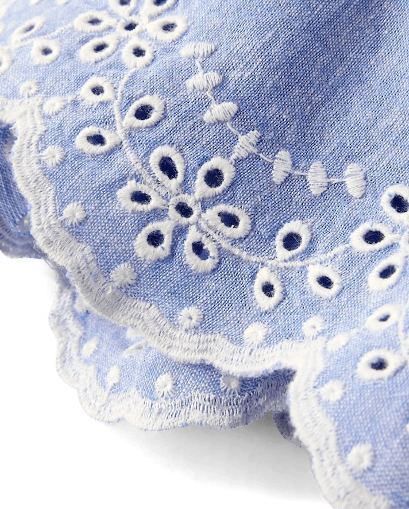 Girls Embroidered Eyelet Linen-Blend Pull On Shorts