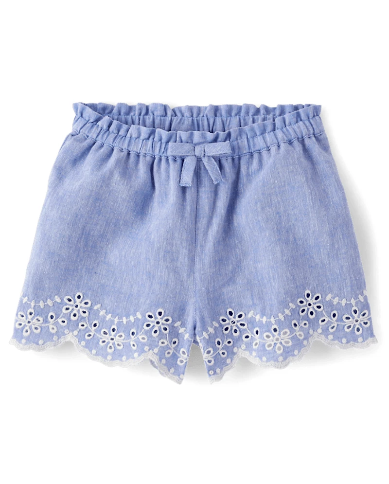 Girls Embroidered Eyelet Linen-Blend Pull On Shorts