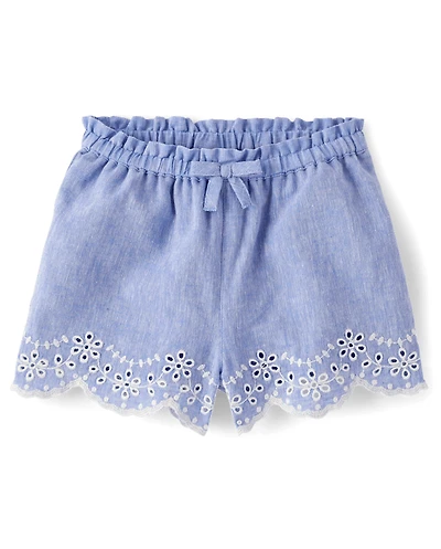 Girls Embroidered Eyelet Linen-Blend Pull On Shorts