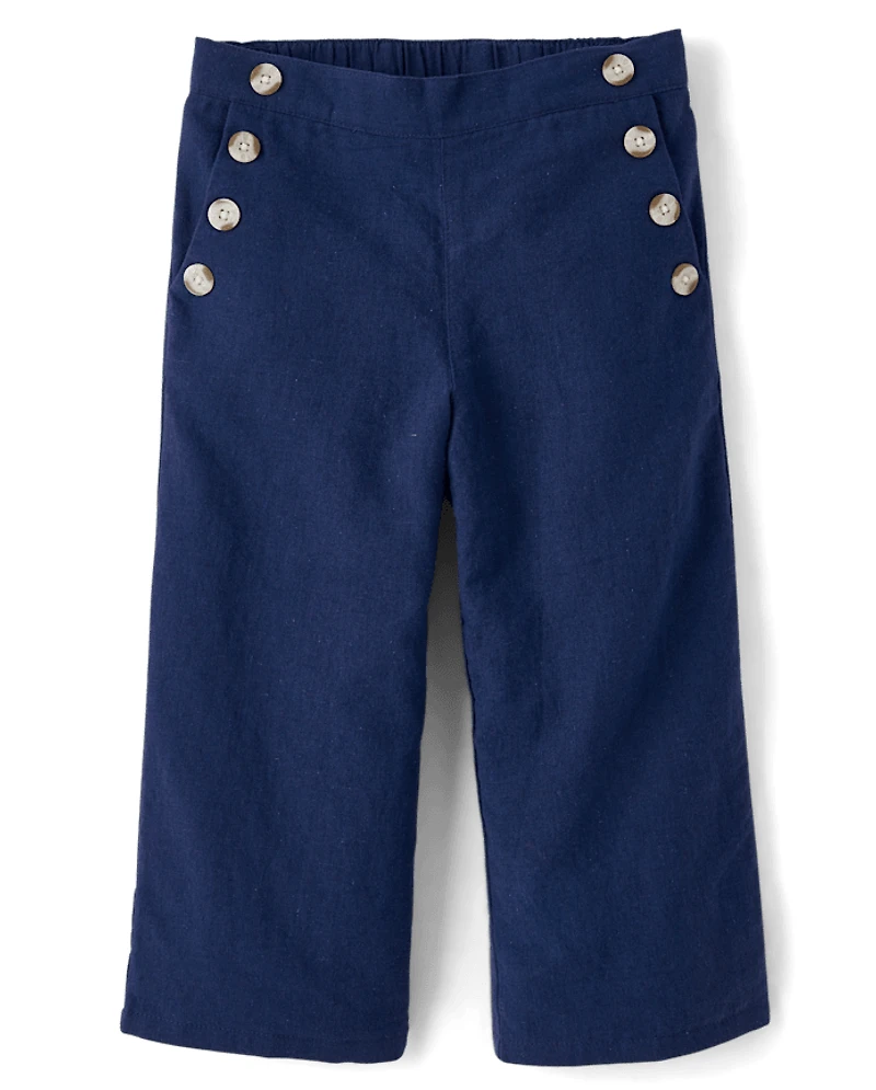 Girls Button Linen-Blend Sailor Pants