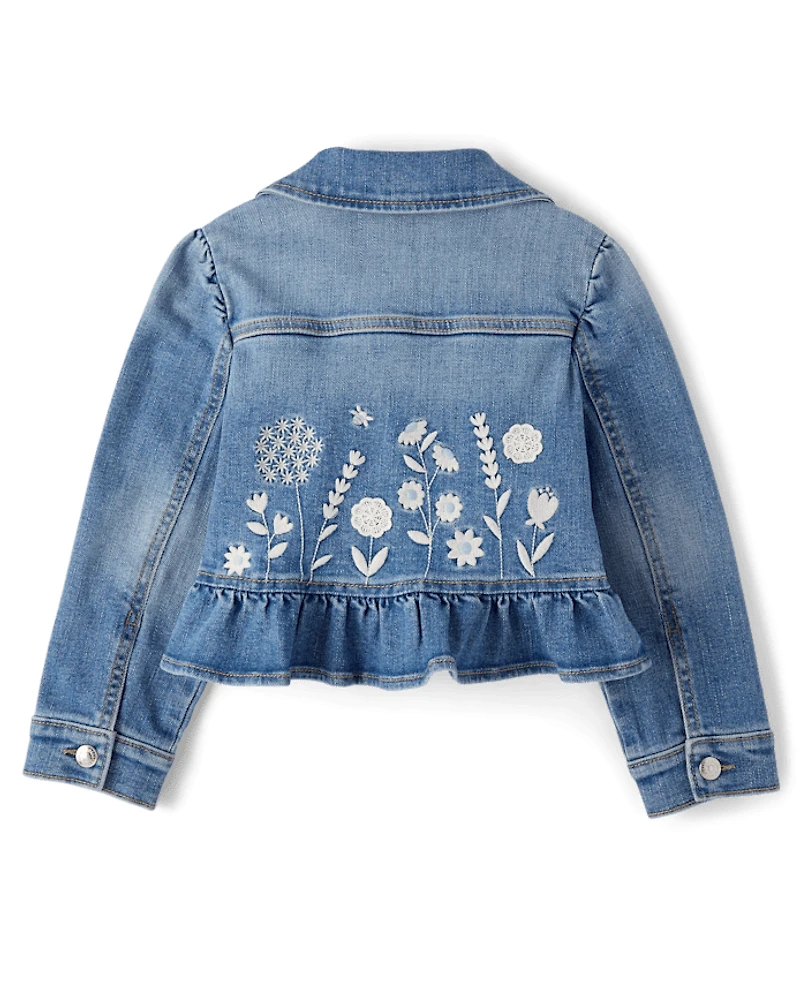 Girls Embroidered Floral Peplum Denim Jacket - Driftwood Bay