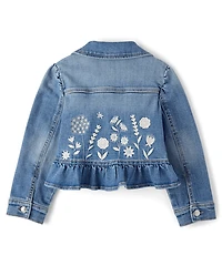 Girls Embroidered Floral Peplum Denim Jacket - Driftwood Bay
