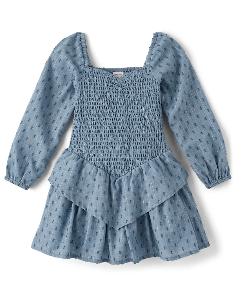 Girls Smocked Clip Dot V-Waist Dress - Driftwood Bay