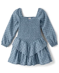 Girls Smocked Clip Dot V-Waist Dress - Driftwood Bay