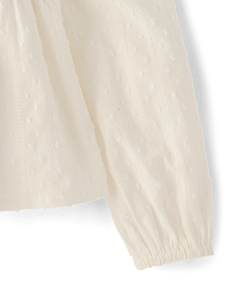 Girls Embroidered Eyelet Clip Dot Button Up Shirt - Driftwood Bay